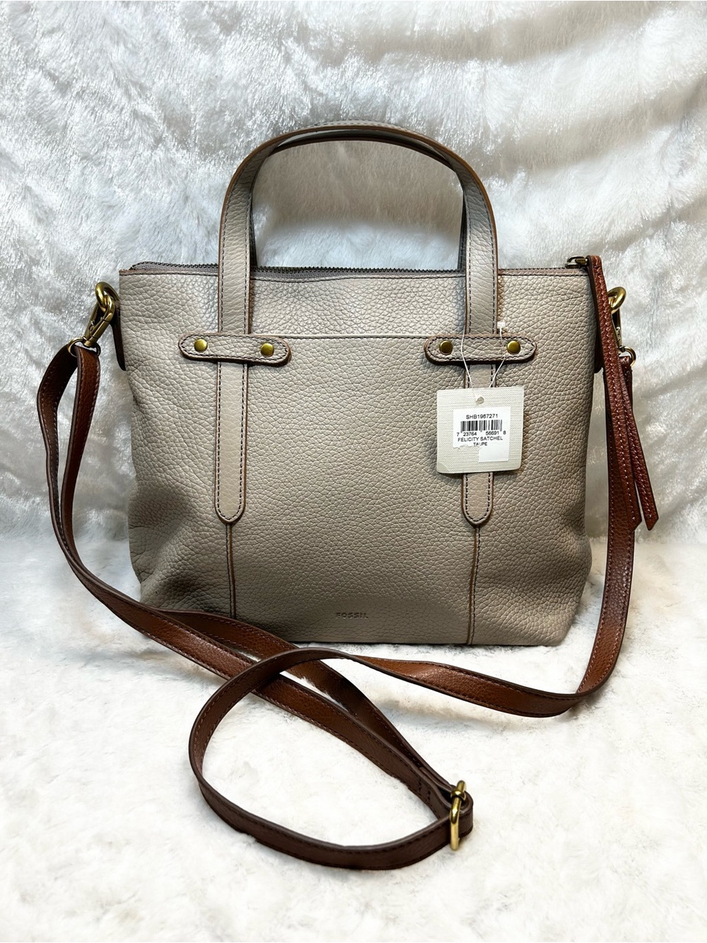 NEW Fossil Taupe Felicity Satchel Crossbody Adjustable Strap Pebbled Purse